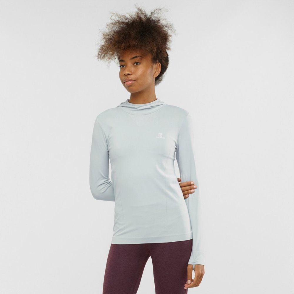 Salomon COMET SEAMLESS HOODIE Capa Intermedia Mujer - Azur - Colombia (14079-MFEO)